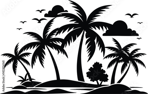 Minimalist Black & White Palm Tree Island Vector – Tropical Silhouette Art