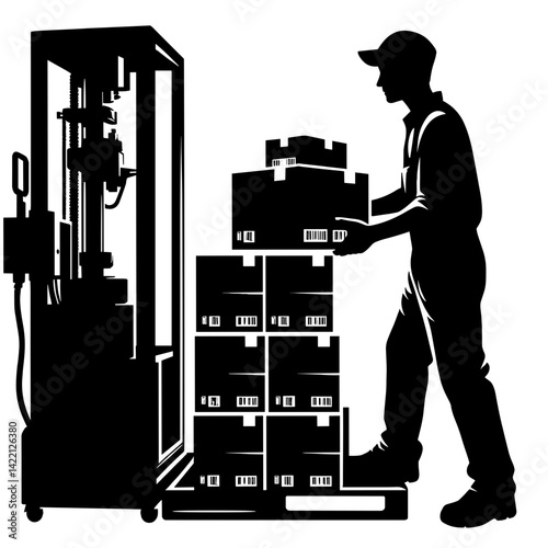 Worker stacking boxes using a lift in a warehouse environment  