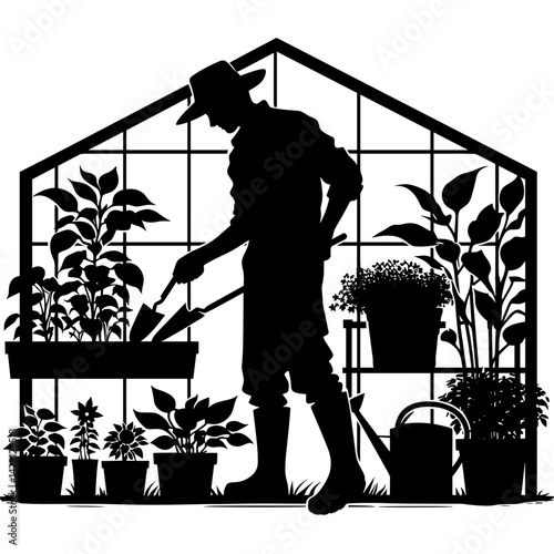 Gardener tending plants in a greenhouse with various flora  