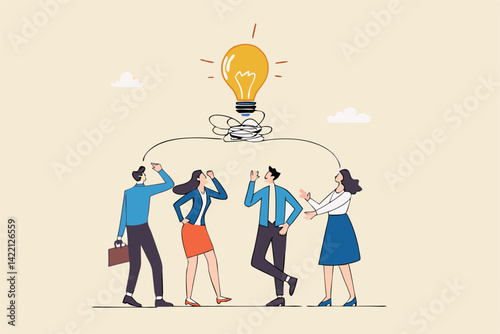 Brainstorming idea, team meeting or discussion for business solution or inspiration, teamwork creativity or collaboration for success concept, business men and women brainstorming new lightbulb idea.