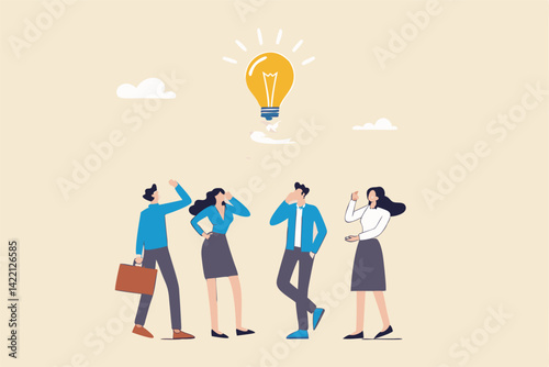 Brainstorming idea, team meeting or discussion for business solution or inspiration, teamwork creativity or collaboration for success concept, business men and women brainstorming new lightbulb idea.