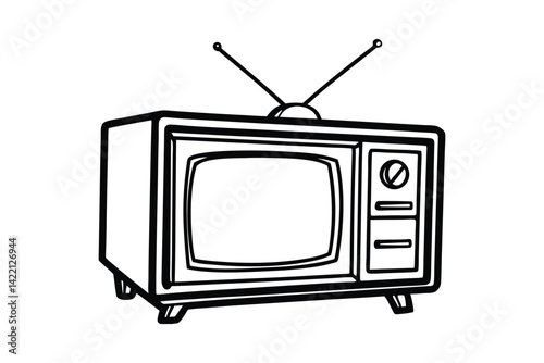 Black and white line art drawing of a vintage television set.eps