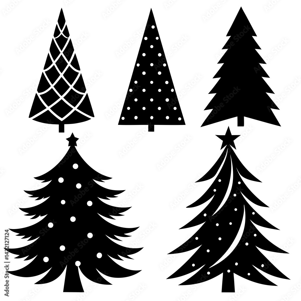 Obraz premium High-quality vector silhouettes of festive Christmas items including ribbons, hats, baubles, and snowflakes.