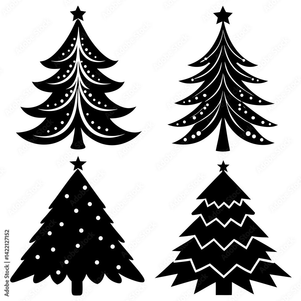 Obraz premium Christmas silhouette collection of cheerful holiday elements including mistletoe, stars, snow globes, and ribbons.