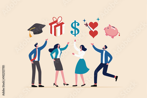 Employee benefits and compensation for staff advantage, reward or bonus payment to motivate employee concept, business people with benefits, scholarship, bonus, salary increase and health insurance.