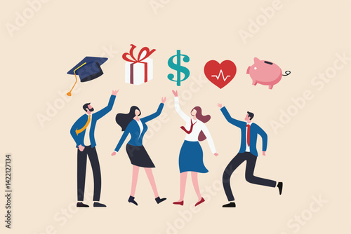 Employee benefits and compensation for staff advantage, reward or bonus payment to motivate employee concept, business people with benefits, scholarship, bonus, salary increase and health insurance.