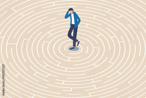 Business trouble, difficulty or challenge, solving hard or complex problem, finding solution, lost or struggle, finding way out concept, frustrated businessman in difficult and complex labyrinth.