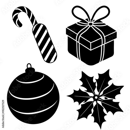 Flat black silhouette of winter village and pine forest—perfect for scenic card backgrounds.