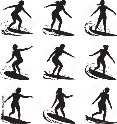 Nine Silhouettes of Female Surfers Riding Waves
