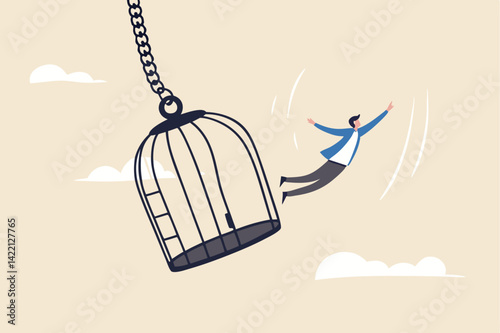 Courage to escape for freedom, get out of comfort zone to find new job, open mind or fly away for better life, hope and liberty concept, courage businessman escape from bird cage jump and fly away.