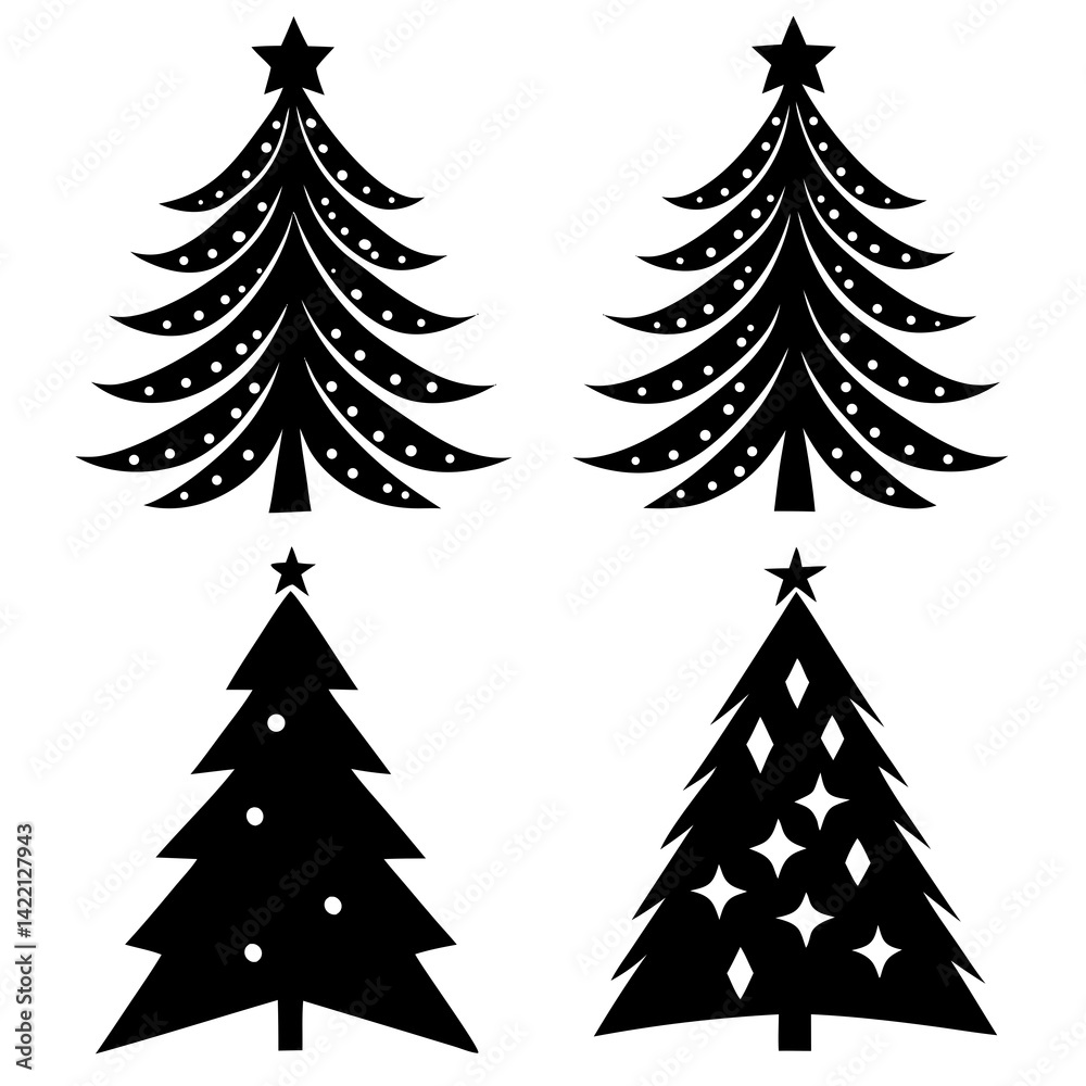 Fototapeta premium Creative vector silhouette bundle with Christmas trees in different styles and sizes.