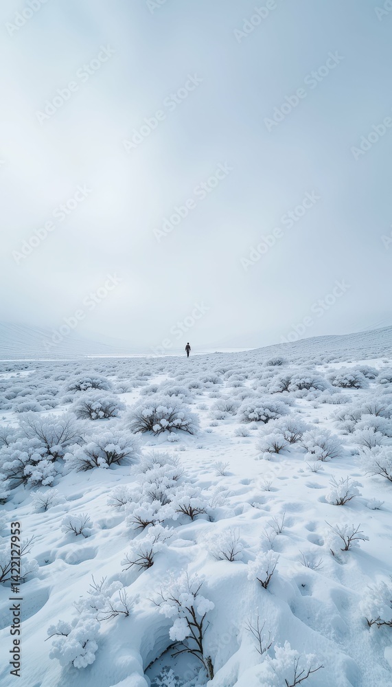 Obraz premium Éthereal Winter Landscape with a Solitary Figure in Snowy Expanse