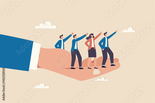 Company culture or employees sharing the same value, goals and attitude to make up organization and corporate success concept, business people employees pointing to the same goal in company hand.