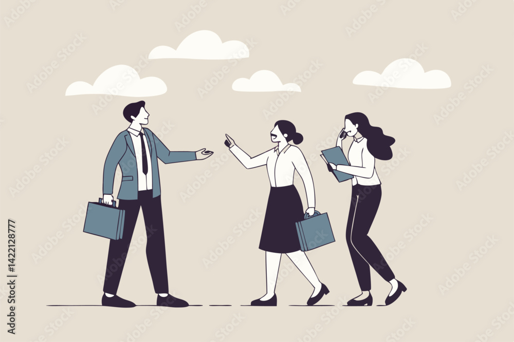 Assertive communication for leadership, behavior to compromise to solve problem without aggressive or passive acceptance concept, businessman leader with calmness stop gesture to manage employees. Assertive communication for leadership, behavior to compromise to solve problem without aggressive or passive acceptance concept, businessman leader with calmness stop gesture to manage employees.