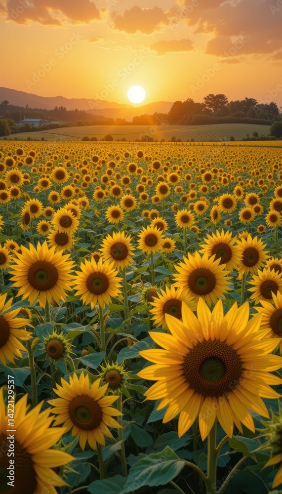 Obraz premium Majestic Sunflower Field at Sunset with Vibrant Yellow Blooms