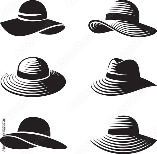 Six Stylish Black and White Womens Hat Illustrations