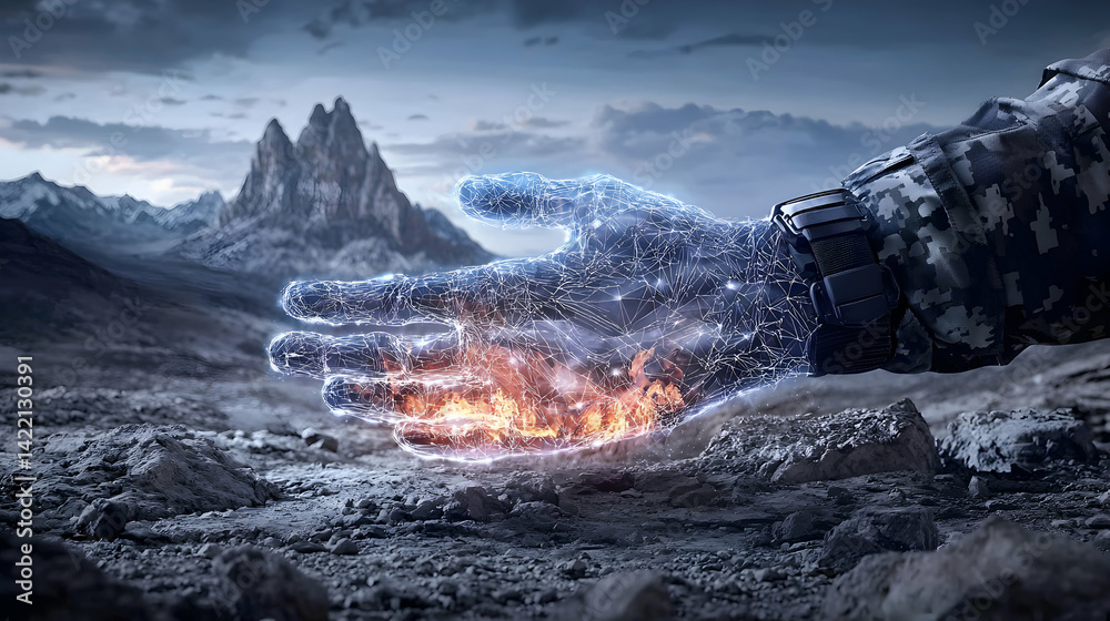 Naklejka premium A digital hand with fire glowing. The image features a mountain landscape. Suggesting advanced technology or elemental power.