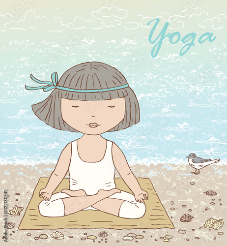 Little cute girl doing yoga on seashore early morning, hand drawn vector illustration