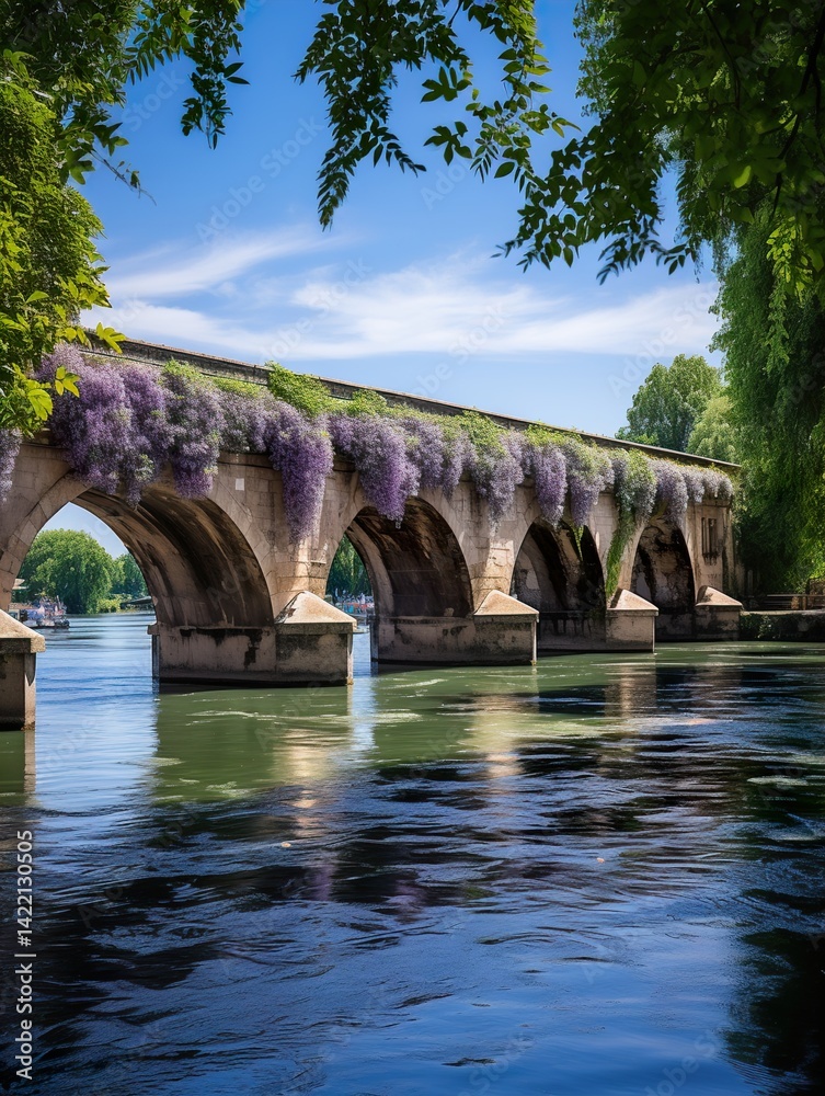 Stone bridge adorned with wisteria over a river under a blue sky with green foliage framing the scene Stone bridge adorned with wisteria over a river under a blue sky with green foliage framing the scene
