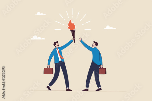Successor plan, baton pass or transfer to new chosen leader, change new CEO or collaboration to achieve goal and win business competition concept, smart businessman leader passing torch to successor.