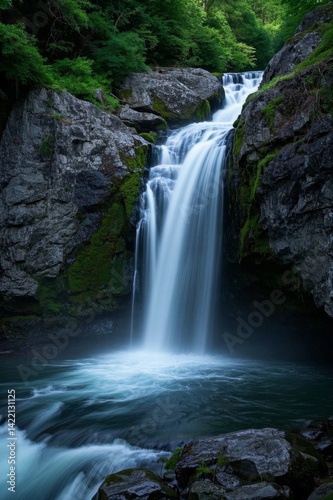 waterfall in the middle of a forest with rocks and water