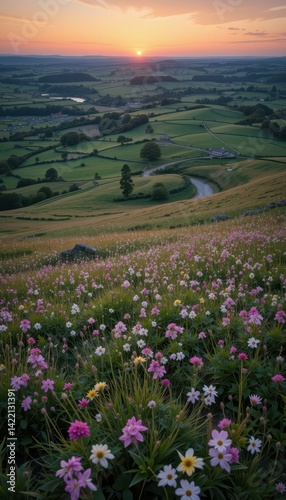 Scenic Sunset Over Rolling Hills with Wildflowers in Bloom