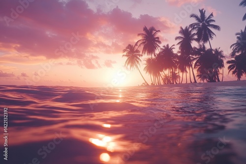 Tropical island paradise at sunset.  Silhouette palm trees line a tranquil, sandy shore kissed by warm ocean waves during a vibrant pink sunset