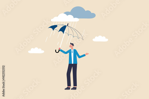 Useless or meaningless effort, disappointment, mistake or difficulty, trouble or struggle, mistake or bad decision concept, frustrated wet businessman with broken useless umbrella in the rain.