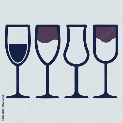 Create four simple icons of wine glasses, showing a filled silhouette, an empty outline, a partially filled glass, and a glass with a wavy liquid line.