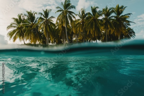 Tropical island paradise, vibrant turquoise water, lush palm trees.  Tranquil, secluded, perfect getaway