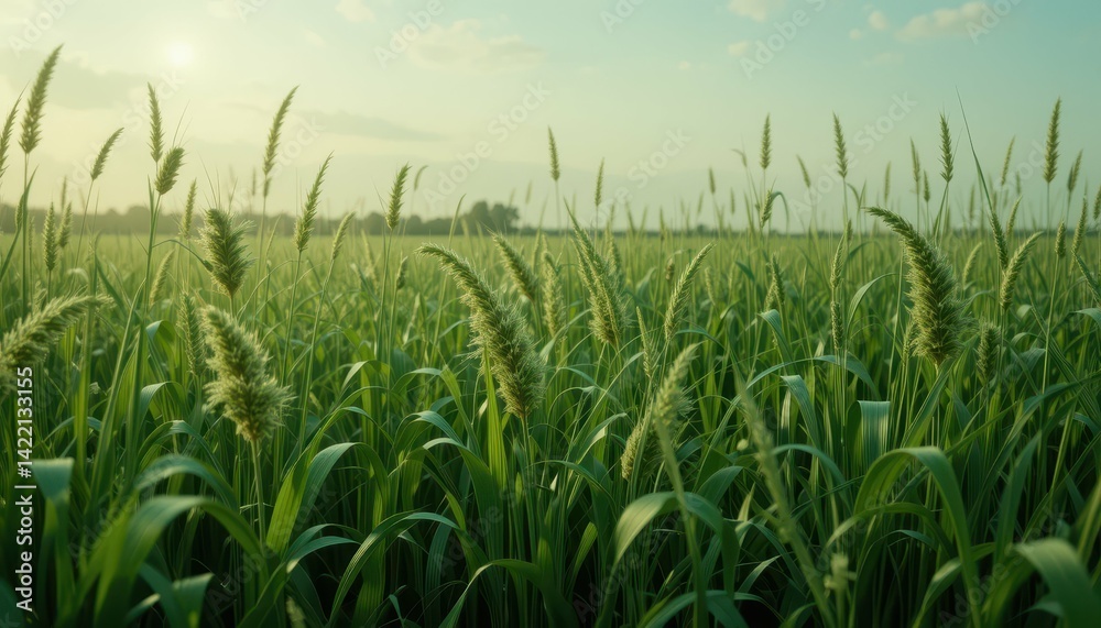 Lush Green Wheat Field Under Bright Sunlight at Golden Hour