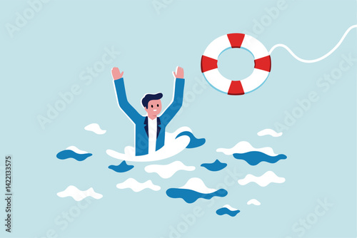 Help in crisis, life saver, rescue or business support, safe and security aid to solve problem, emergency lifebuoy concept, hopeless businessman drowning in ocean try to grab lifebuoy from safe guard.