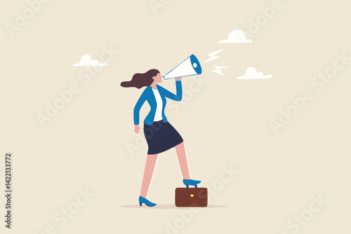 Speak up, communicate with confidence, telling the truth or presentation skill, storytelling, speaker, presentation or shout out concept, confidence businesswoman leader speak out loud on megaphone.