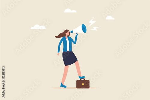 Speak up, communicate with confidence, telling the truth or presentation skill, storytelling, speaker, presentation or shout out concept, confidence businesswoman leader speak out loud on megaphone.