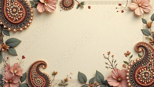 Subtle paisley motif, muted earth tones, delicate lines, fabric, brown, earth tones