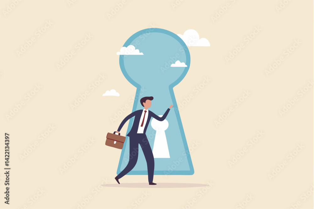 Life changing secret door, key to success or step to see new opportunity, courage or business challenge, get out to see outside concept, brave businessman step inside keyhole door to new opportunity. Life changing secret door, key to success or step to see new opportunity, courage or business challenge, get out to see outside concept, brave businessman step inside keyhole door to new opportunity.