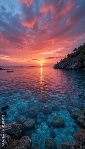Serene Sunset Over Calm Waters with Colorful Sky and Reflection