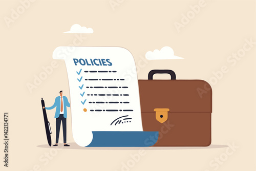 Company policies document, legal of term and services, agreement or process to follow, corporate rules or guidance concept, businessman holding pen with company policy document and business briefcase.