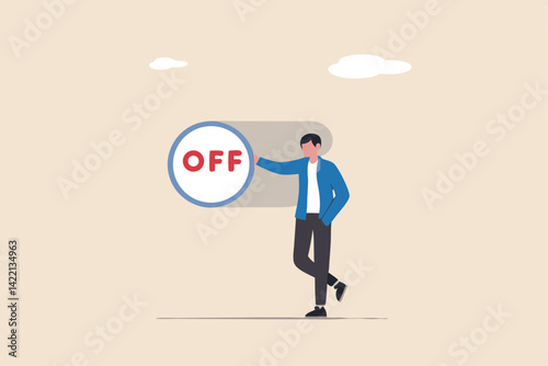 Switch off or turn off setting preference, analytics control panel or power shutdown electricity, saving energy and ecology concept, businessman pushing switch to be off in control panel dashboard.