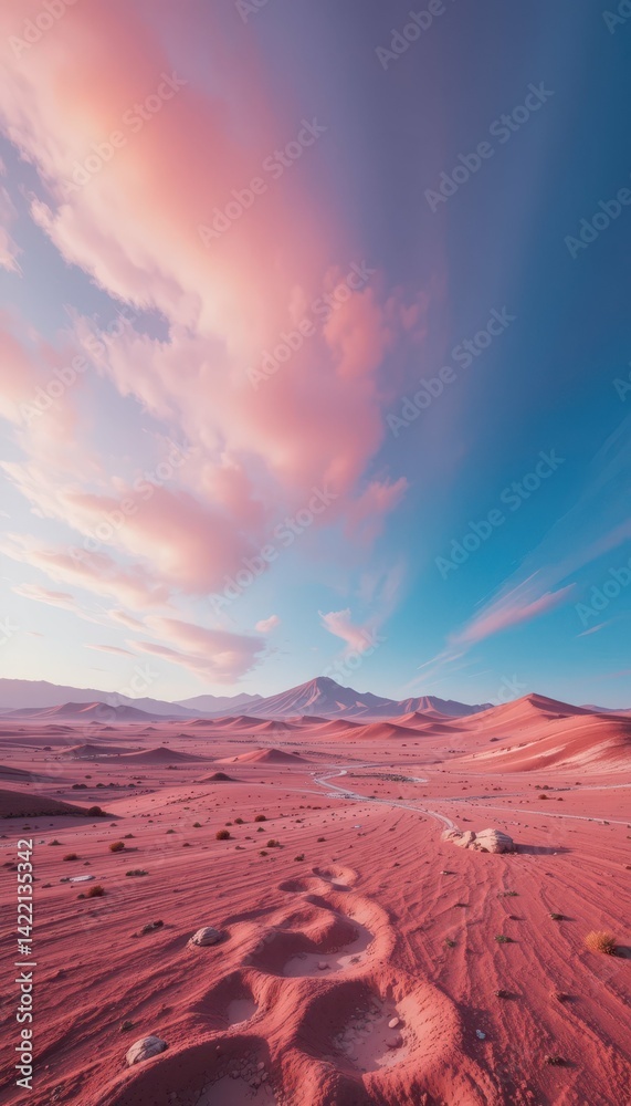 Naklejka premium Serene Pink Clouds Over Vast Red Desert Landscape at Dusk