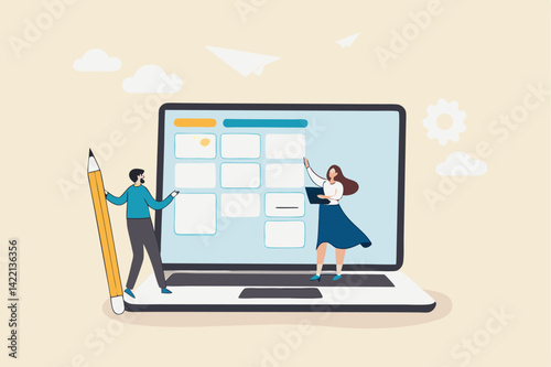 Task management software to organize project tasks, assign staff to finish work on schedule, project plan or efficiency work concept, business people team manage tasks assignment on computer laptop.