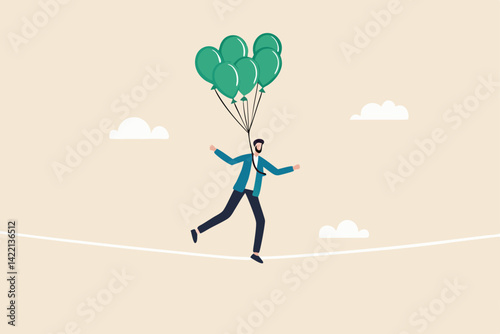 Risk management control or assessment on uncertainty, plan to survive in crisis or danger situation, reduce loss or disaster concept, businessman acrobat walk on the rope with balloons to reduce risk.