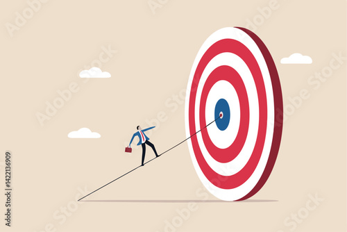 Set goal and take action to achieve goal or target, aiming or motivation to grow business and success, effort or skill to reach goal concept, businessman walking on the line aiming at target bullseye.
