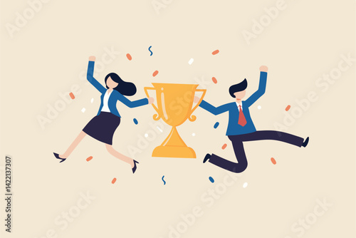 Team success, partnership or teamwork to win business competition, winner or achievement, work together or cooperation concept, businessman and businesswoman partner celebrate winning victory trophy.