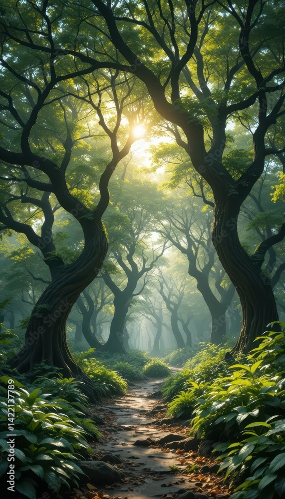 Enchanted Forest Pathway with Sunlight Through Tall Trees