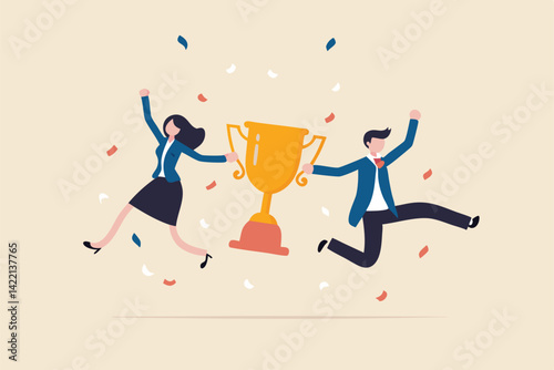 Team success, partnership or teamwork to win business competition, winner or achievement, work together or cooperation concept, businessman and businesswoman partner celebrate winning victory trophy.