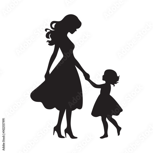 Elegant Mother and Daughter Holding Hands Silhouette Vector Illustration