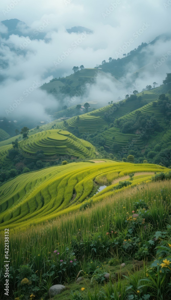 Obraz premium Serene Landscape of Lush Green Rice Terraces in Foggy Mountains
