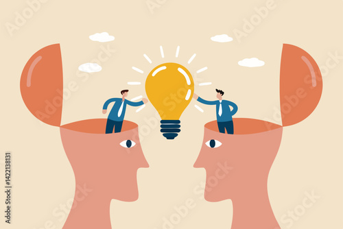 Understanding lead to success, agreement or think together to find solution to solve problem, insight or team communication concept, businessmen partner open their head to connect lightbulb jigsaw.