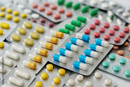 Closeup view of different medicines like colorful pharmaceutical capsules and tablets in various pill blister packaging photo